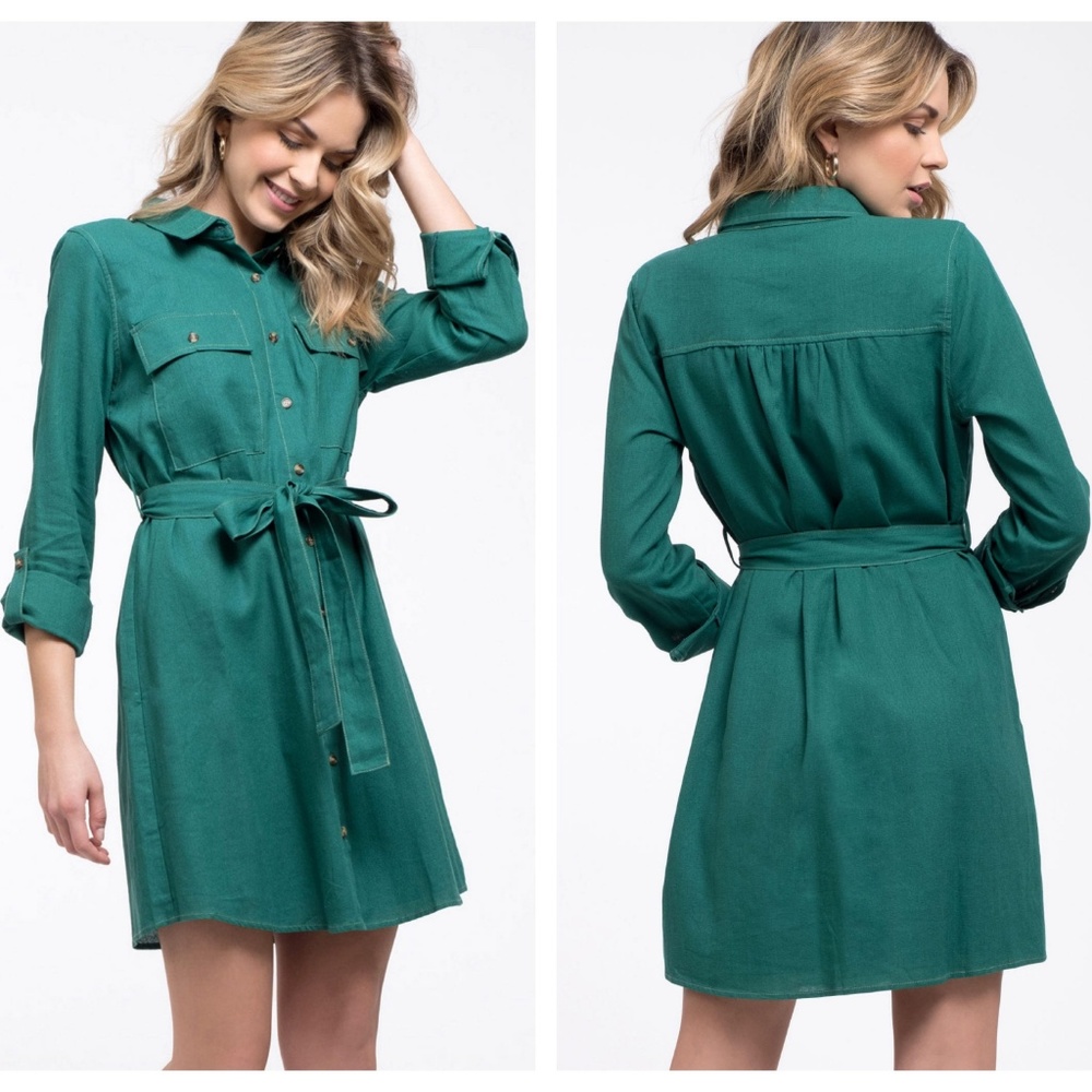 Button Down Green Dress With Belt, Cuffed Sleeves - Picture 4 of 8